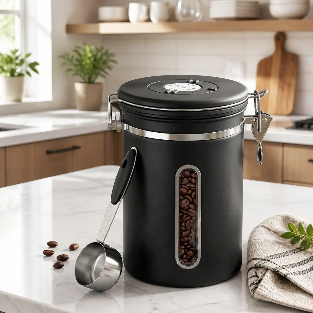 Stainless Steel Coffee Bean Storage Container Black 1.8L with Viewing Window and Freshness Valve