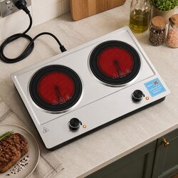 2 Hobs Electric Ceramic Cooktop Infrared Knob Control Hot Plate 2400W Silver