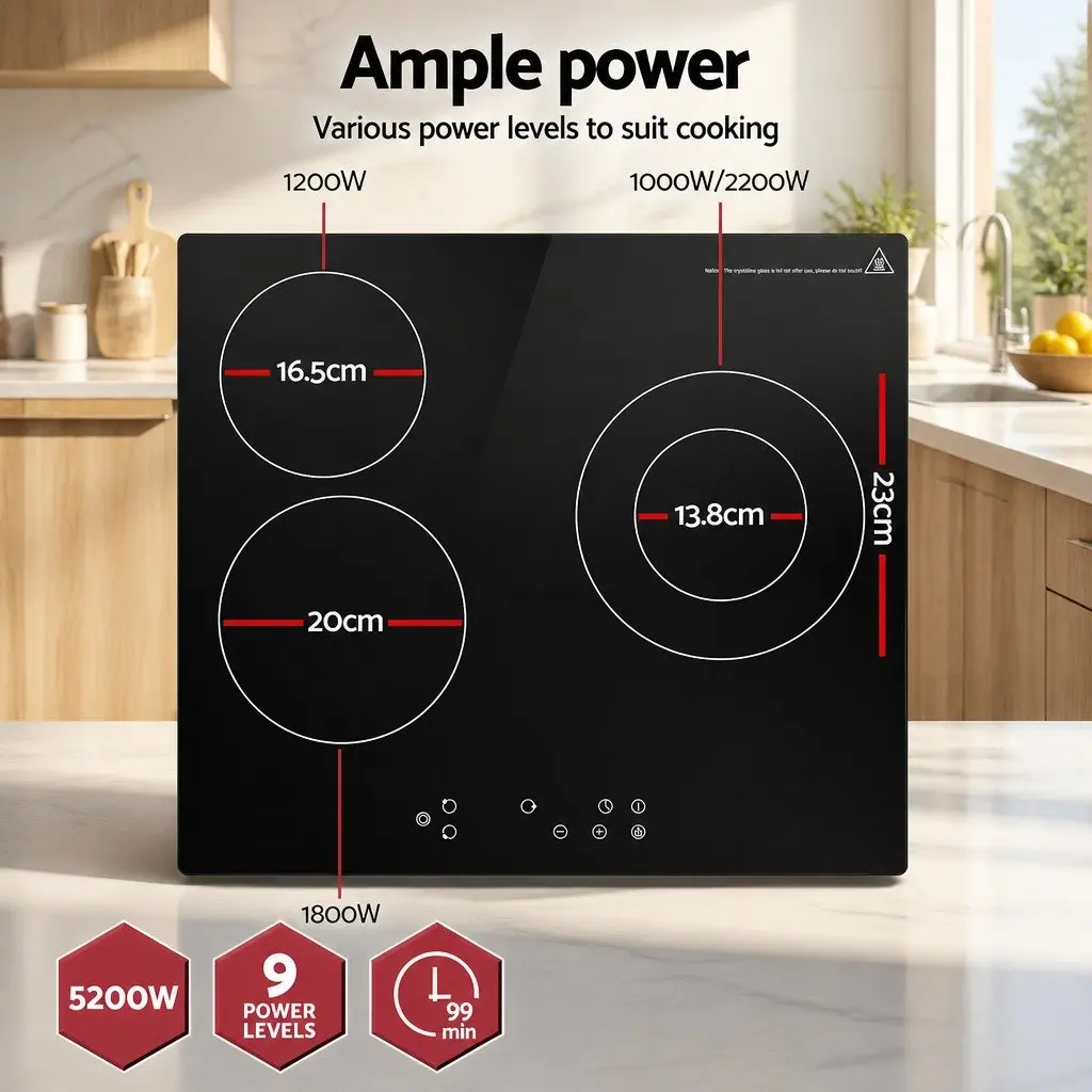 60cm Electric Ceramic Cooktop Black Glass Touch Control 4 Cooking Zones