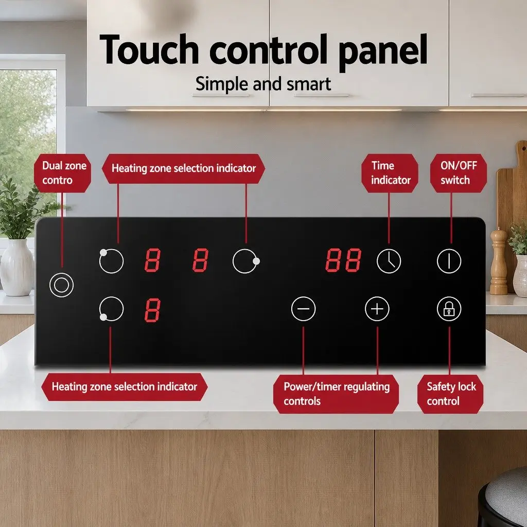 60cm Electric Ceramic Cooktop Black Glass Touch Control 4 Cooking Zones