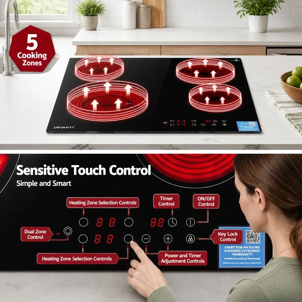 Ceramic Cooktop Black 5 Zone Touch Control 7600W Electric Hob