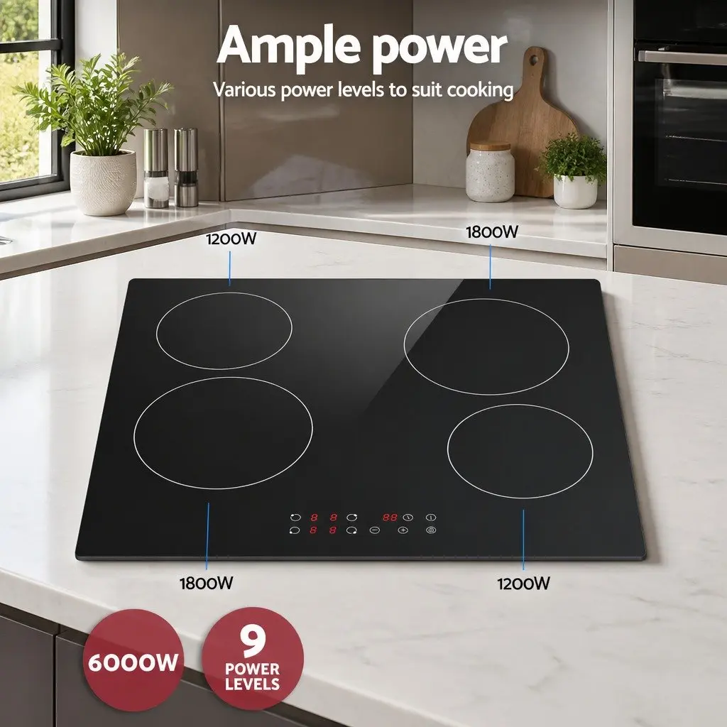 Electric Ceramic Cooktop 60cm Black Touch Control 4 Cooking Zones 6000W