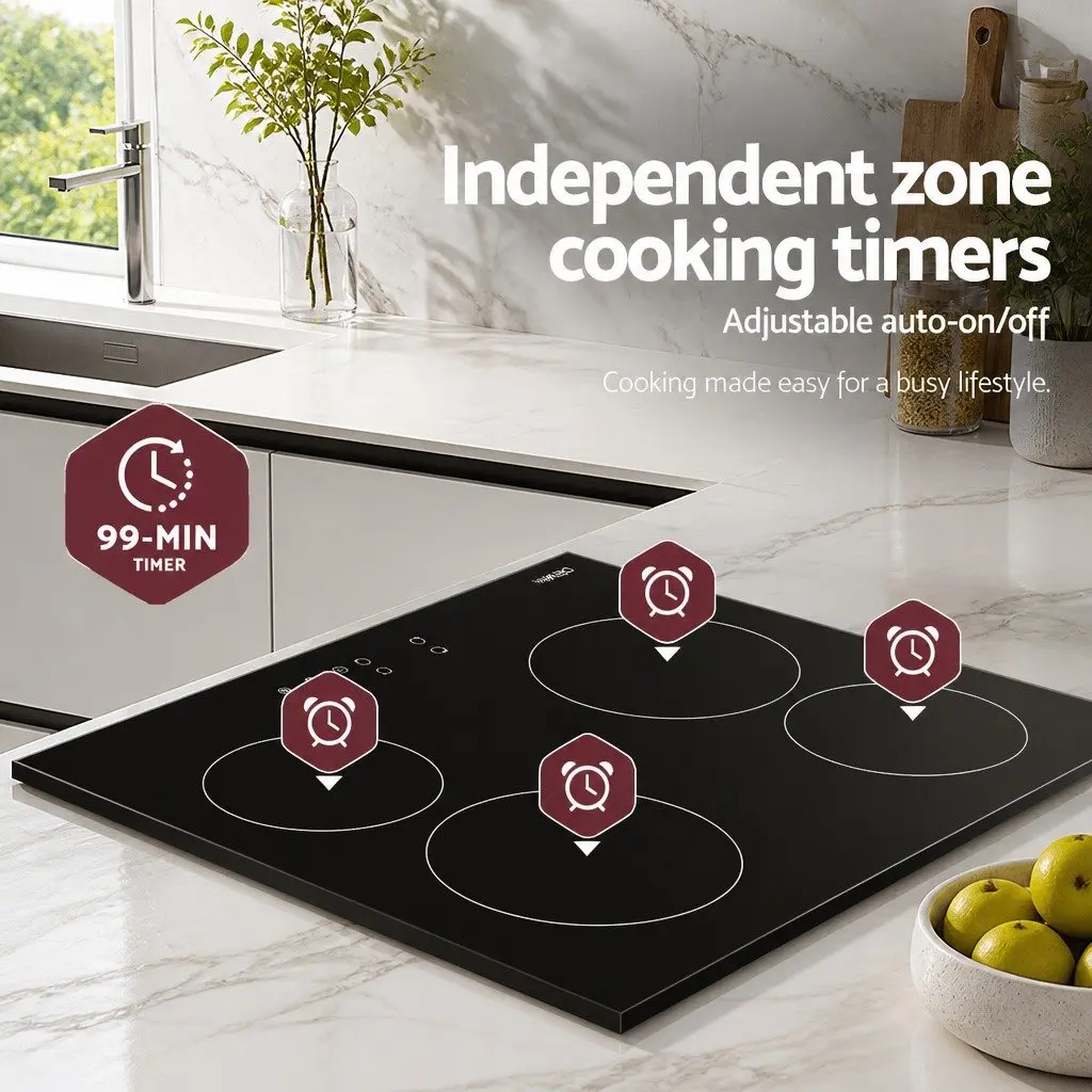 Electric Ceramic Cooktop 60cm Black Touch Control 4 Cooking Zones 6000W