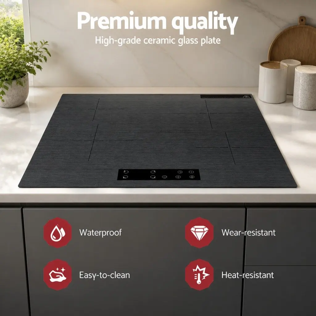 Electric Ceramic Cooktop Grey 60cm 4 Zones Touch Control Brushed Glass Surface