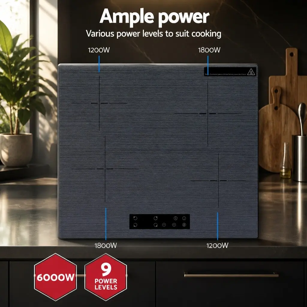 Electric Ceramic Cooktop Grey 60cm 4 Zones Touch Control Brushed Glass Surface