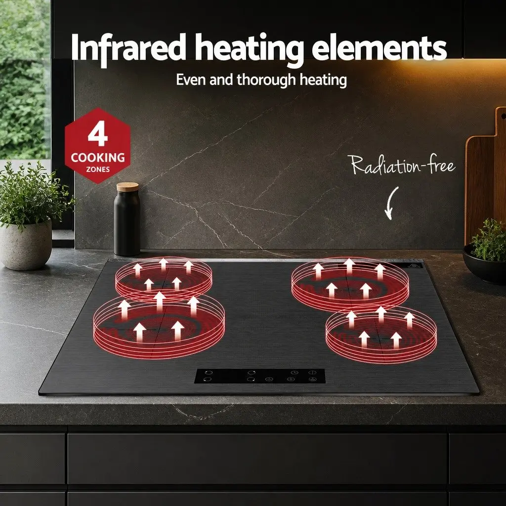 Electric Ceramic Cooktop Grey 60cm 4 Zones Touch Control Brushed Glass Surface