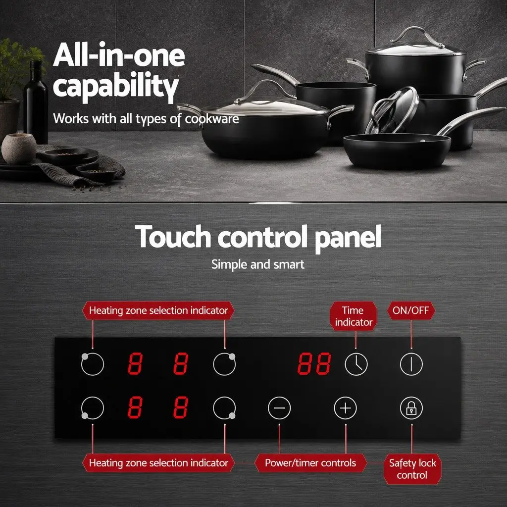 Electric Ceramic Cooktop Grey 60cm 4 Zones Touch Control Brushed Glass Surface