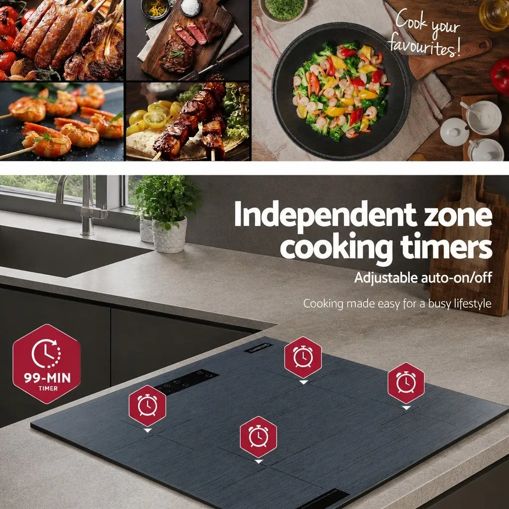 Electric Ceramic Cooktop Grey 60cm 4 Zones Touch Control Brushed Glass Surface