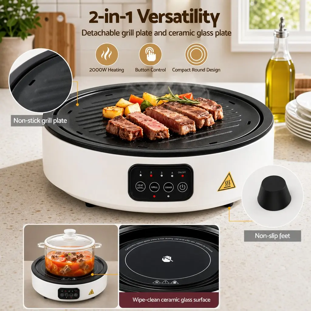 Ceramic Electric Hot Plate Cooktop White 2000W Detachable Grill Plate