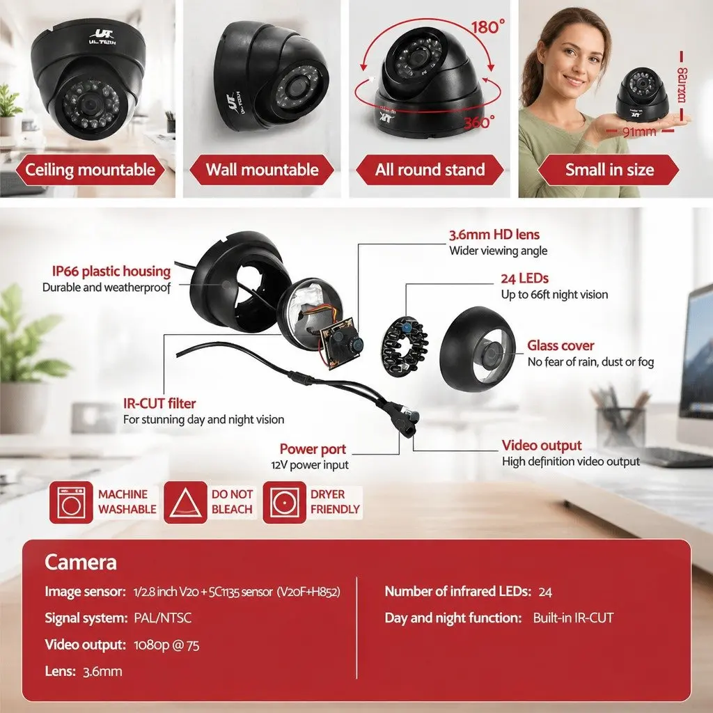 1080P Security Camera System Black 4 Channel Indoor Surveillance Kit with 4 Dome Cameras