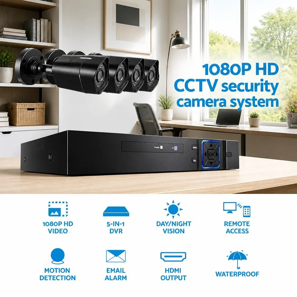 1080P Security Camera System Black 4CH DVR 4 AHD Cameras Night Vision Motion Detection