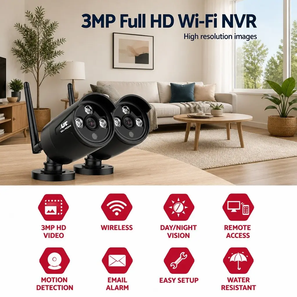 Wireless Bullet Security Camera Black 3MP Indoor Outdoor Surveillance System