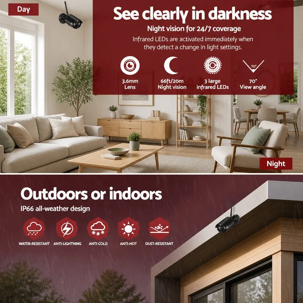 Wireless Bullet Security Camera Black 3MP Indoor Outdoor Surveillance System