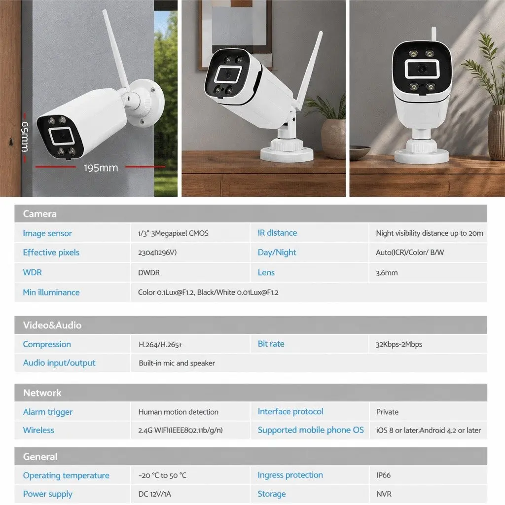 Wireless CCTV Security Camera White 3MP Full HD Indoor Outdoor Motion Detection IP65