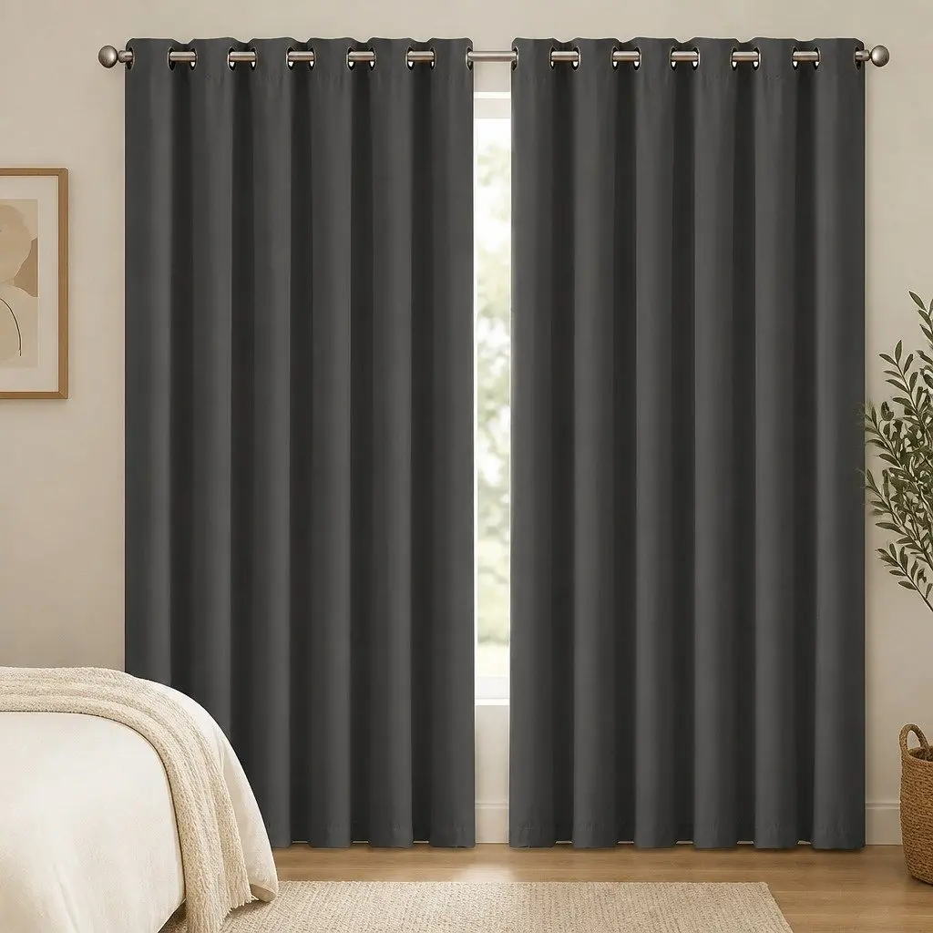 Blackout Curtain Panels Charcoal 2pc Eyelet Triple Layer Noise Insulation Heat Block