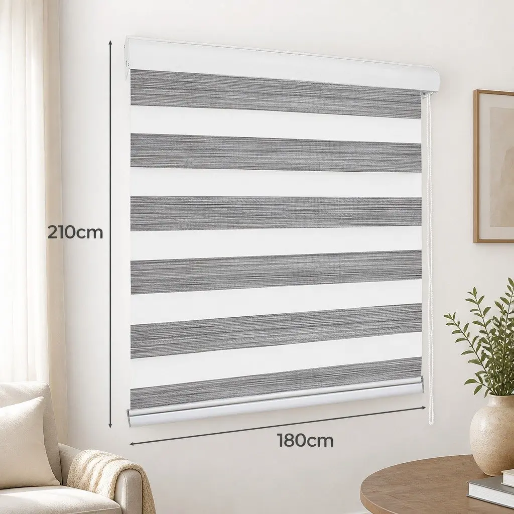 Zebra Roller Blind Grey 180x210cm Dual Layer Light Control Privacy