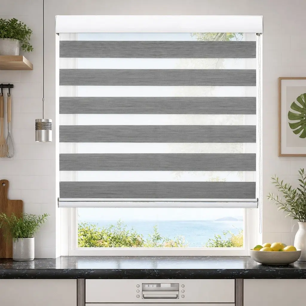 Zebra Roller Blind Grey 180x210cm Dual Layer Light Control Privacy