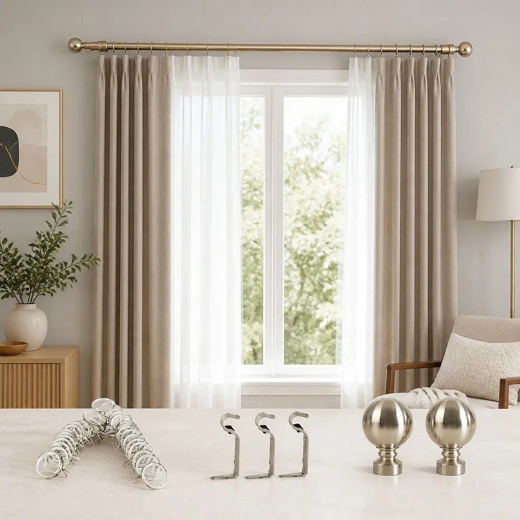 Extendable Curtain Rod Set Antique Brass Adjustable Steel Pole Quiet Rail Silencer Sliders