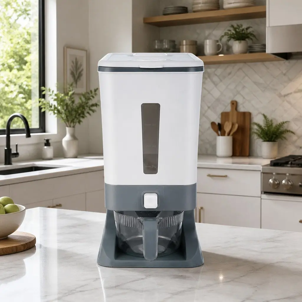 Cereal Dispenser White Grey 12kg Airtight Food Storage Container with One-Press Output and Removable Top Cover