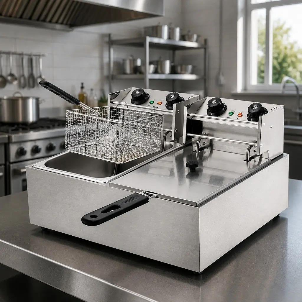 Electric Deep Fryer Silver 20L Double Baskets Commercial Kitchen Dual Temperature Control