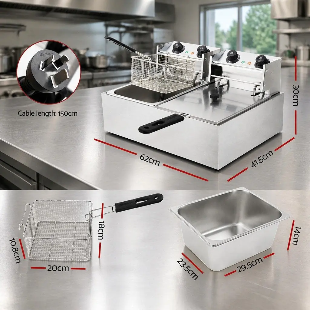 Electric Deep Fryer Silver 20L Double Baskets Commercial Kitchen Dual Temperature Control
