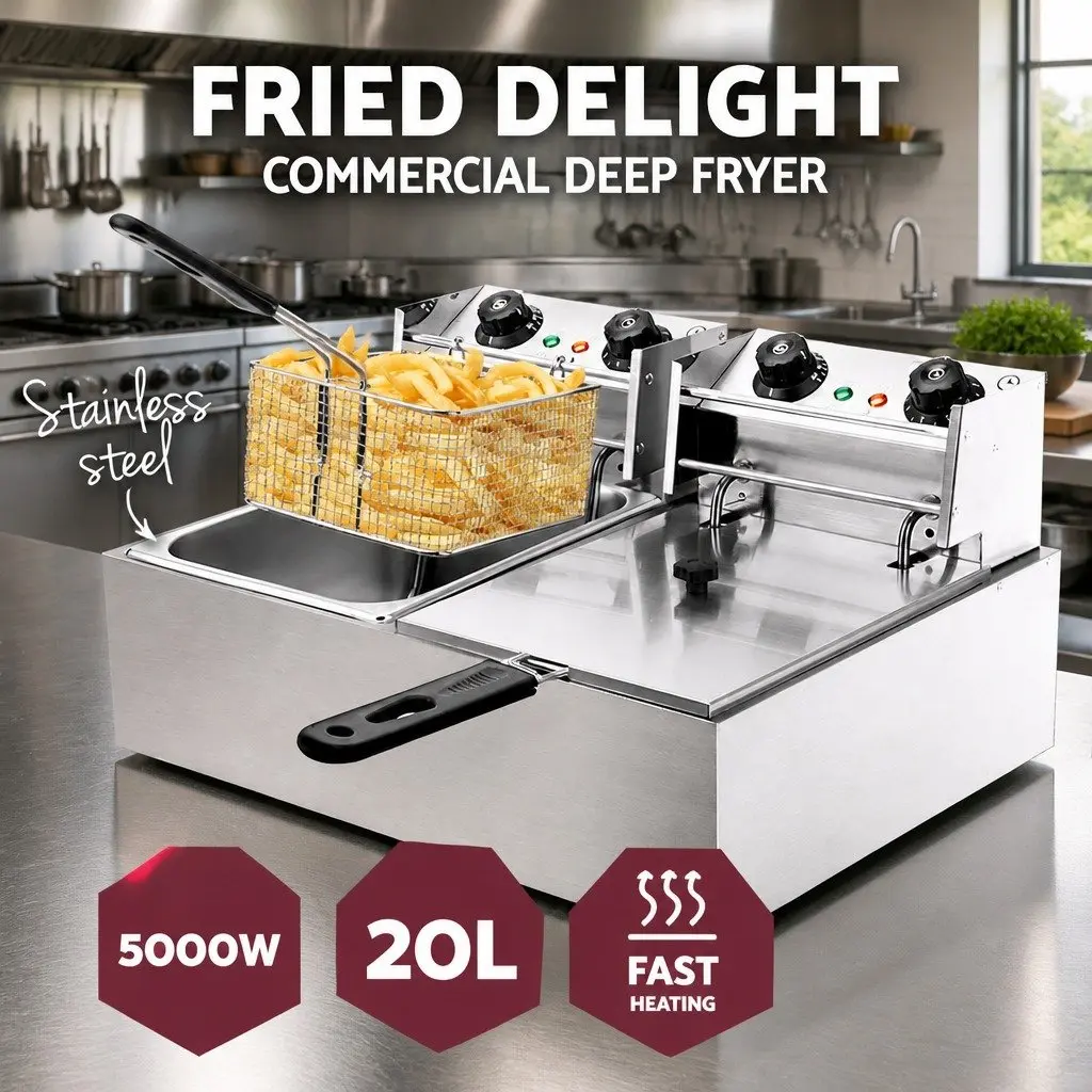 Electric Deep Fryer Silver 20L Double Baskets Commercial Kitchen Dual Temperature Control