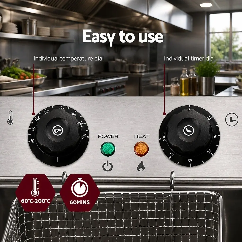 Electric Deep Fryer Silver 20L Double Baskets Commercial Kitchen Dual Temperature Control