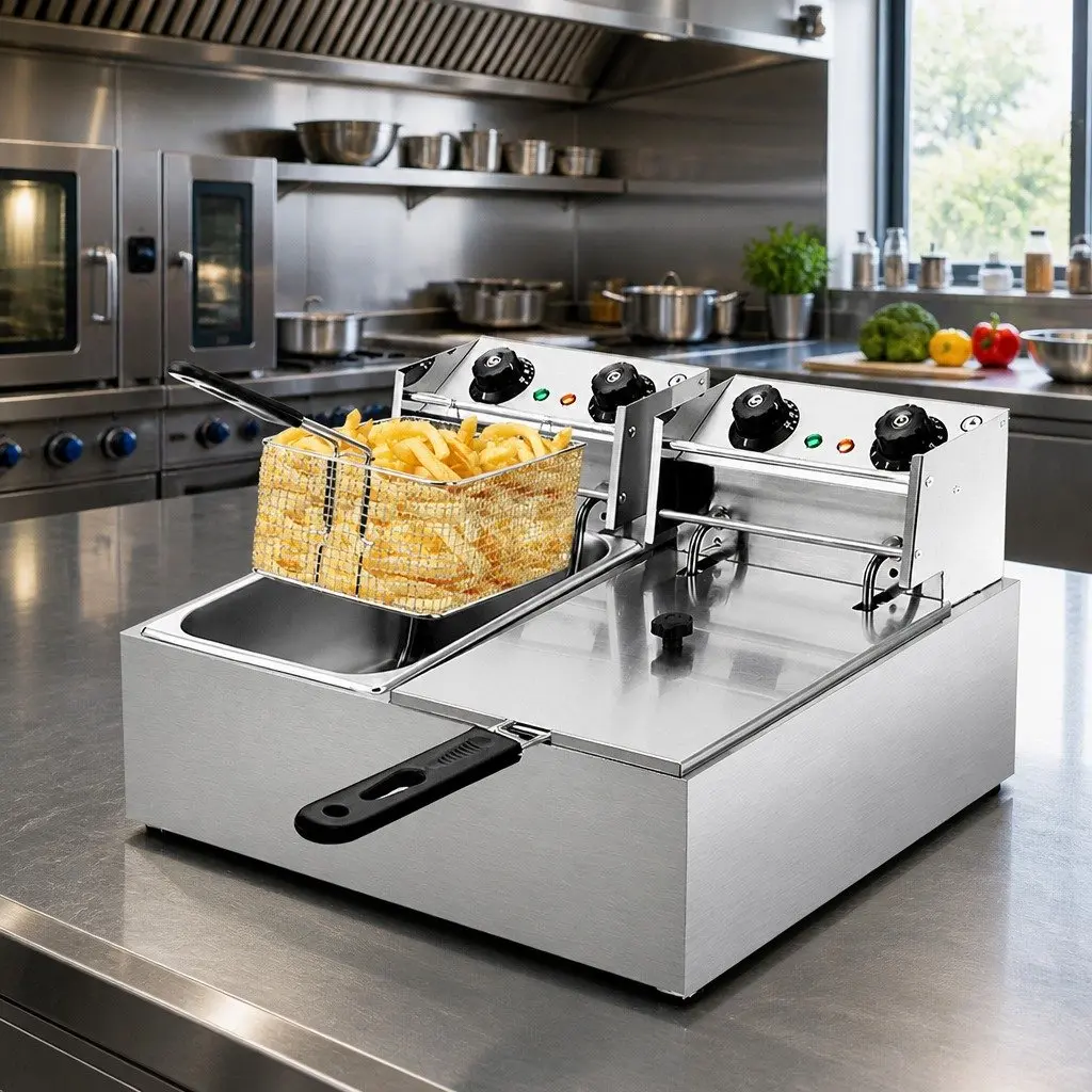 Electric Deep Fryer Silver 20L Double Baskets Commercial Kitchen Dual Temperature Control