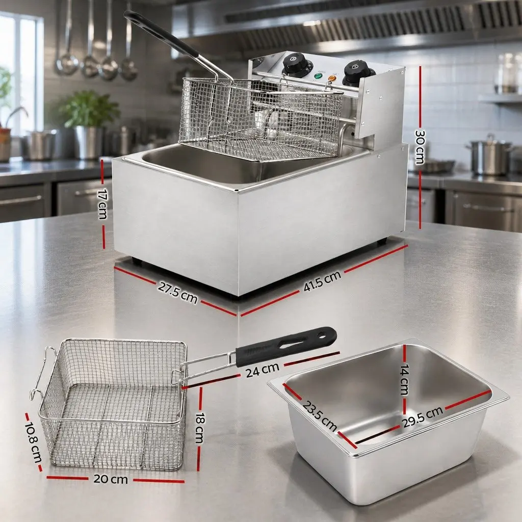 Electric Deep Fryer Silver 10L Single Basket Auto Thermostat Quick-Heat Function