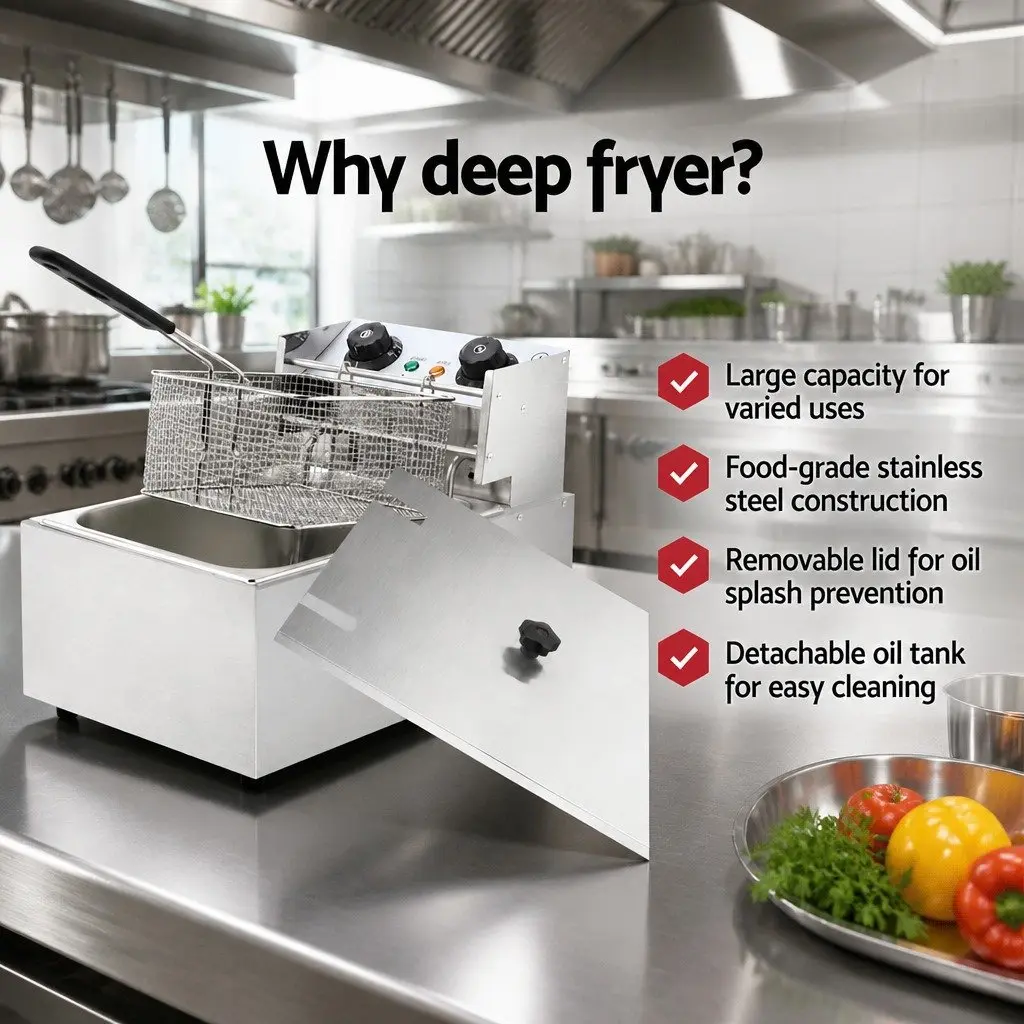 Electric Deep Fryer Silver 10L Single Basket Auto Thermostat Quick-Heat Function