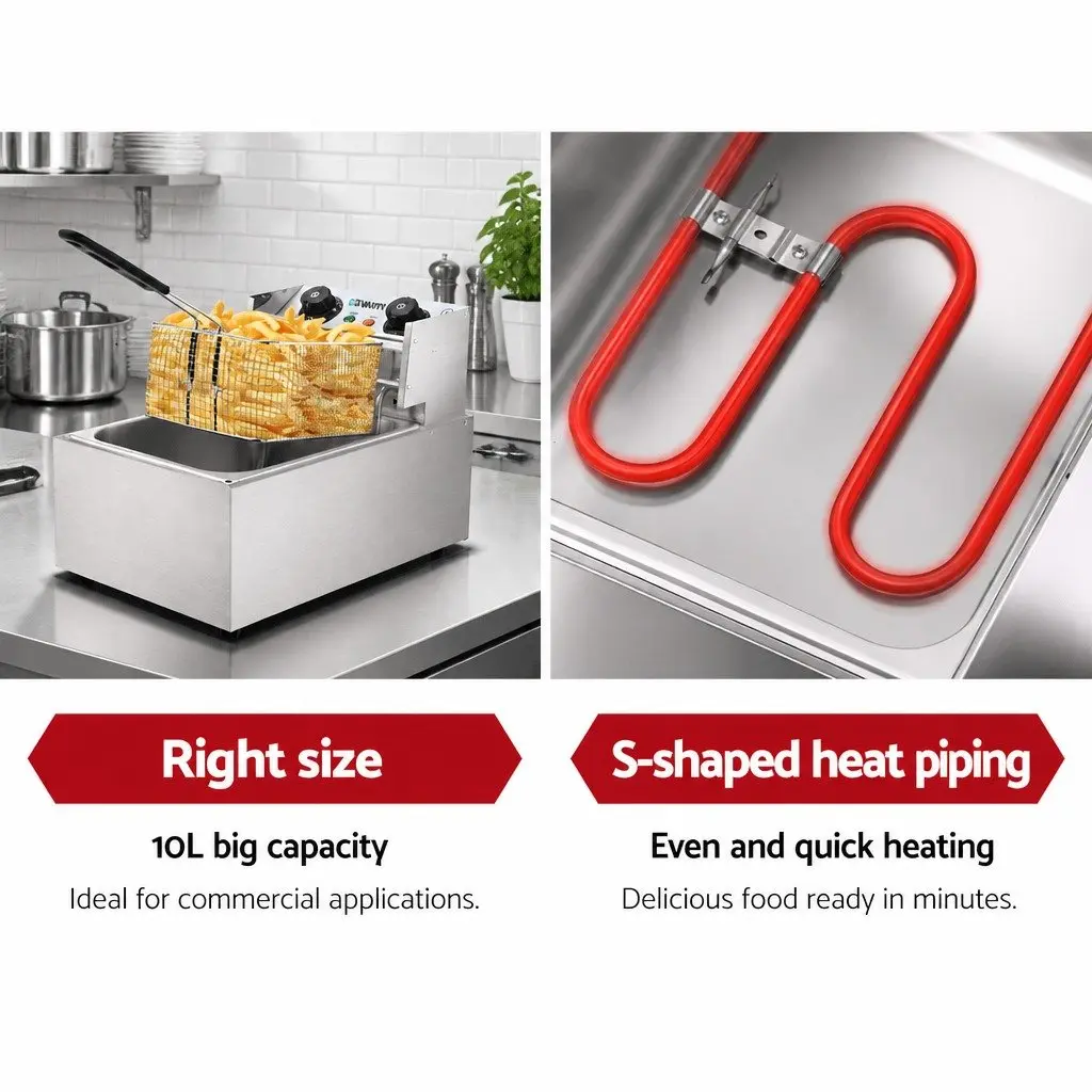 Electric Deep Fryer Silver 10L Single Basket Auto Thermostat Quick-Heat Function