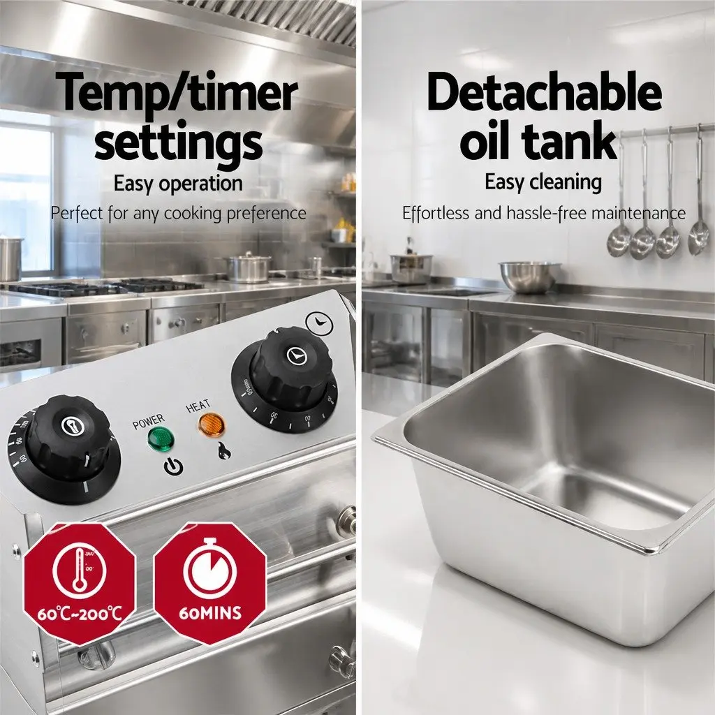 Electric Deep Fryer Silver 10L Single Basket Auto Thermostat Quick-Heat Function