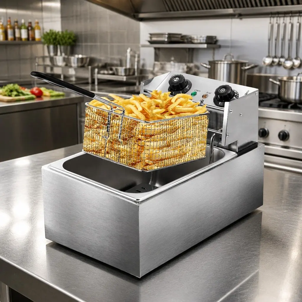 Electric Deep Fryer Silver 10L Single Basket Auto Thermostat Quick-Heat Function