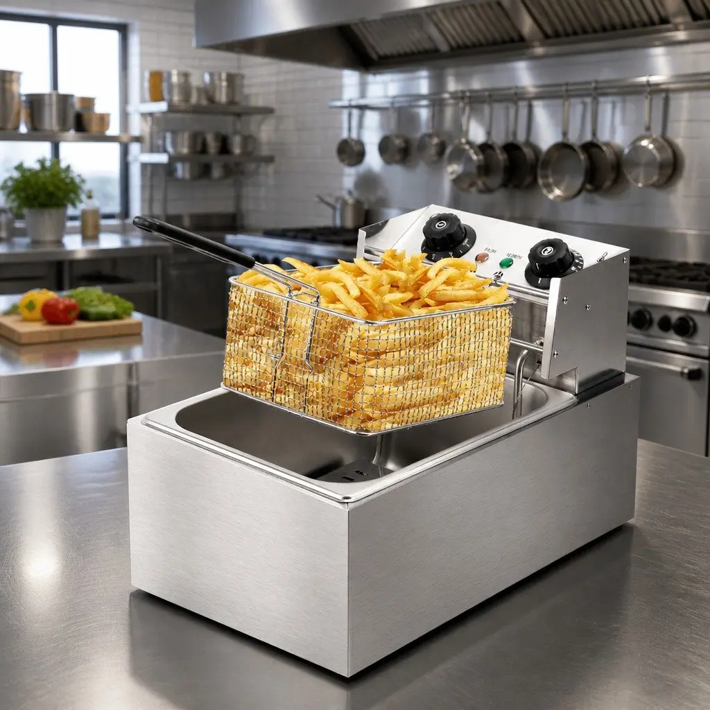Electric Deep Fryer Silver 10L Single Basket Auto Thermostat Quick-Heat Function