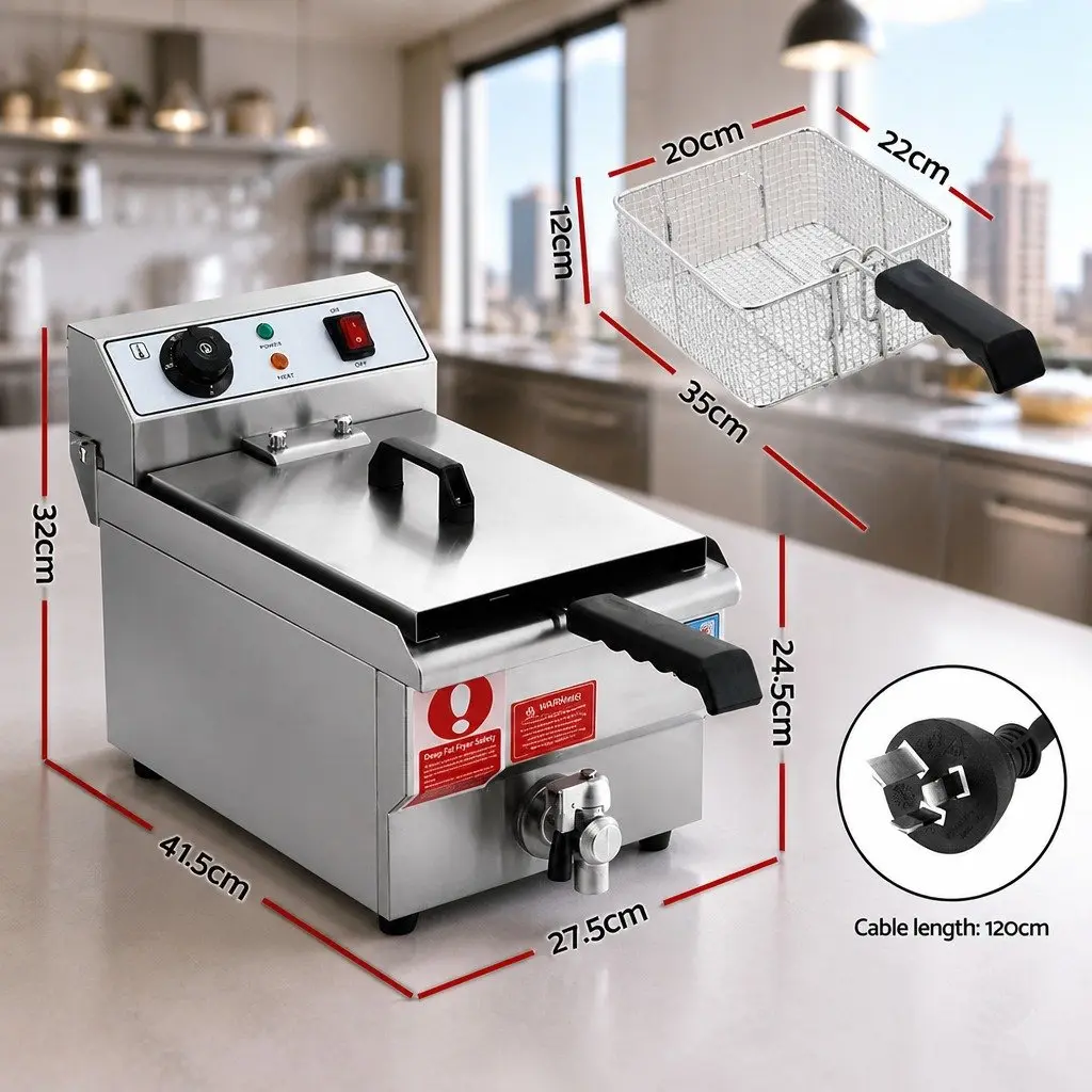 Electric Deep Fryer Silver 10L 3000W Adjustable Temperature Control