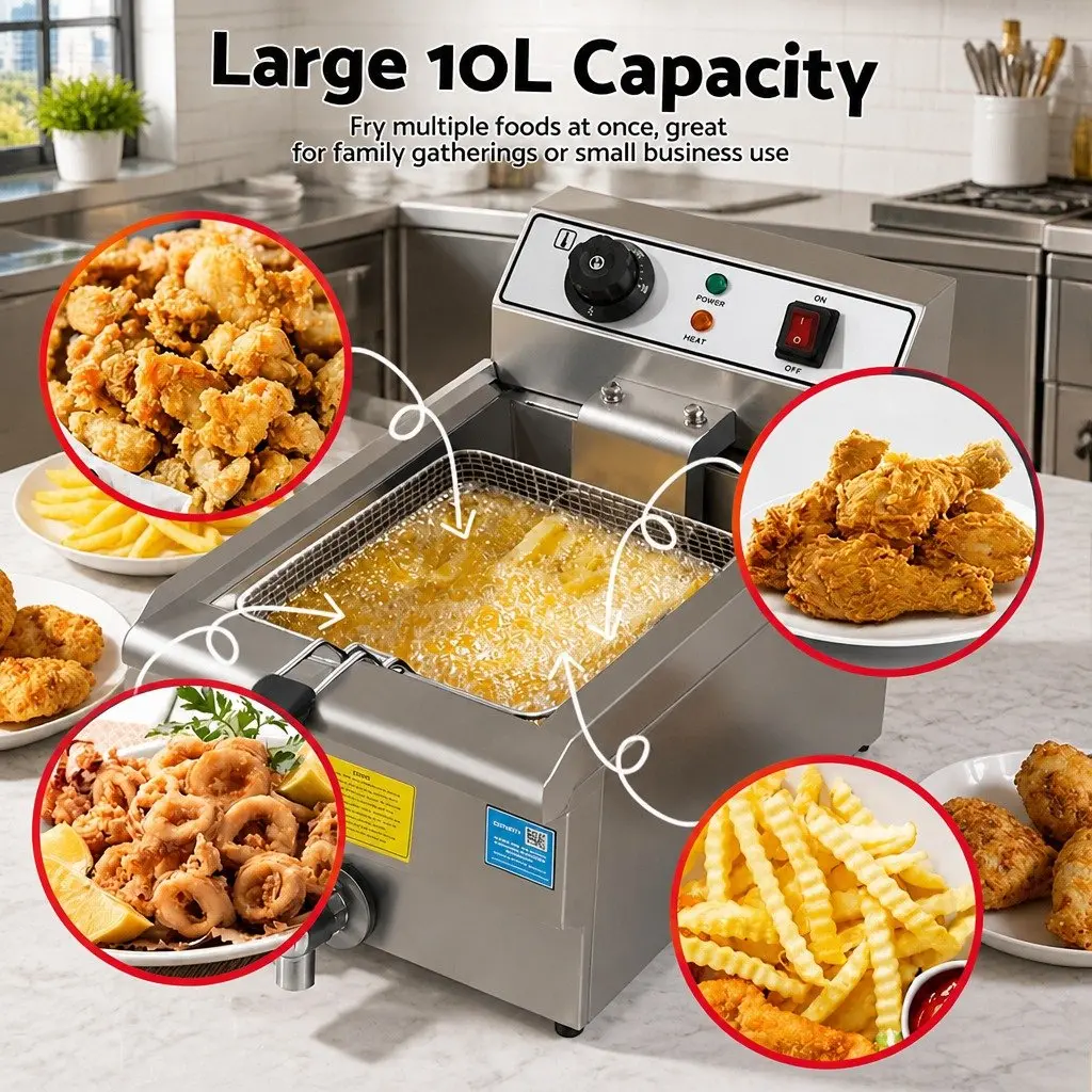Electric Deep Fryer Silver 10L 3000W Adjustable Temperature Control