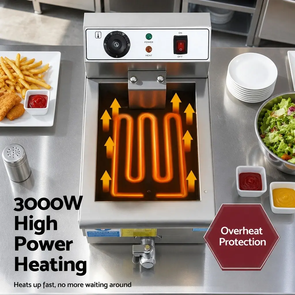 Electric Deep Fryer Silver 10L 3000W Adjustable Temperature Control