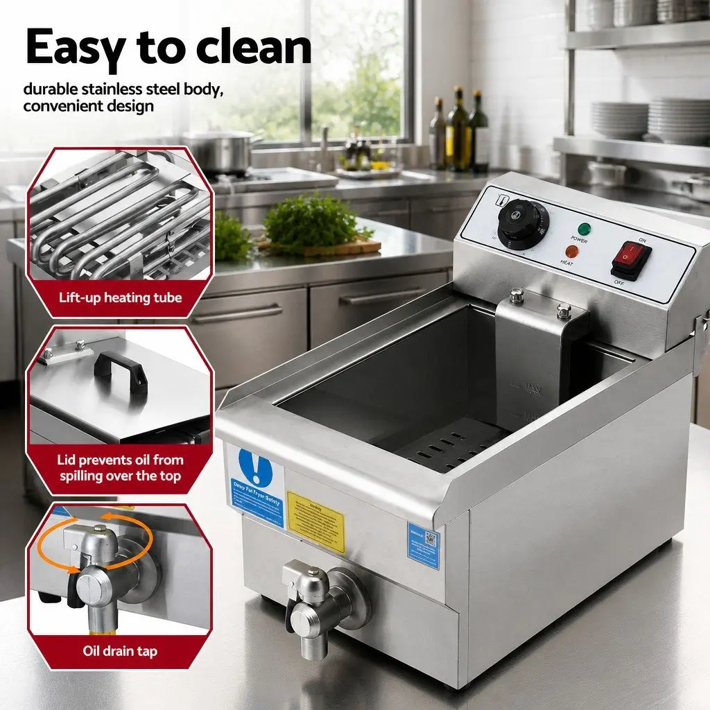 Electric Deep Fryer Silver 10L 3000W Adjustable Temperature Control