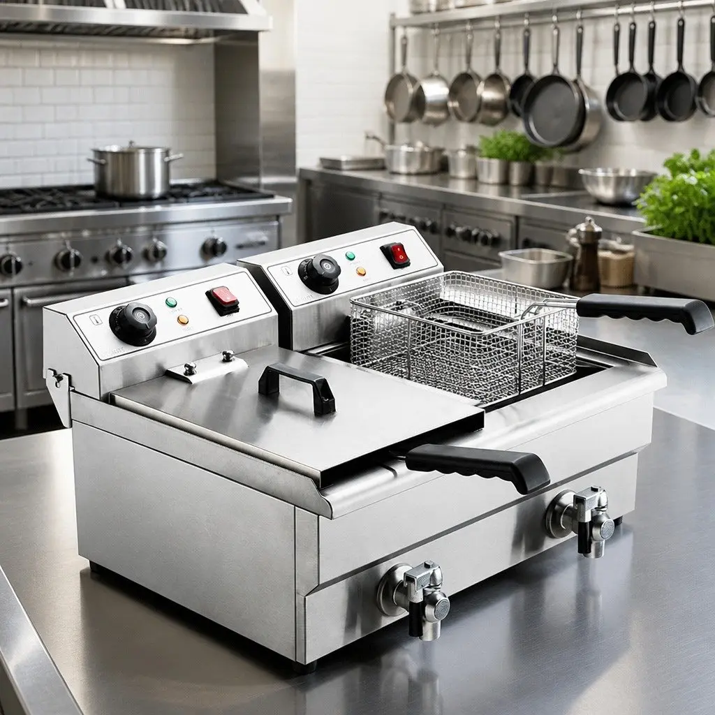 Commercial Deep Fryer Silver 20L Dual Tank Stainless Steel Professional Grade