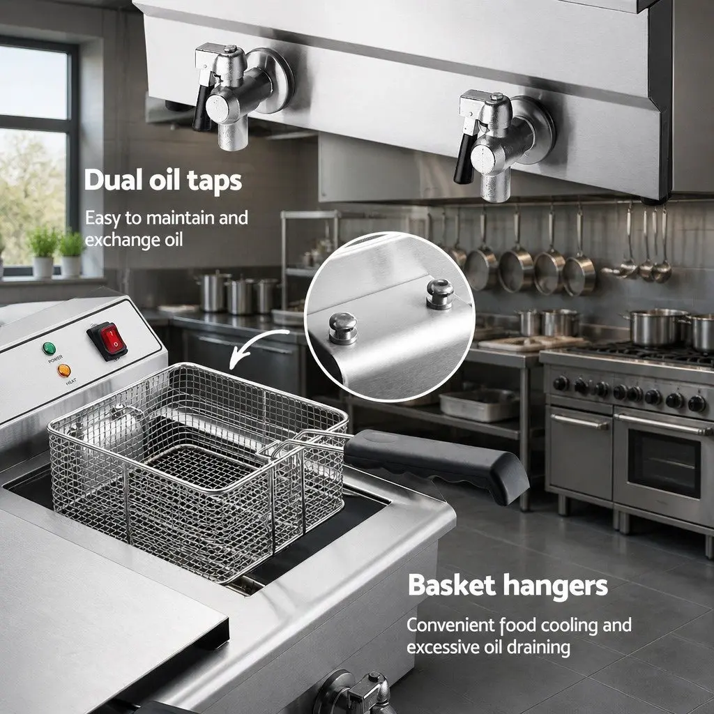 Commercial Deep Fryer Silver 20L Dual Tank Stainless Steel Professional Grade