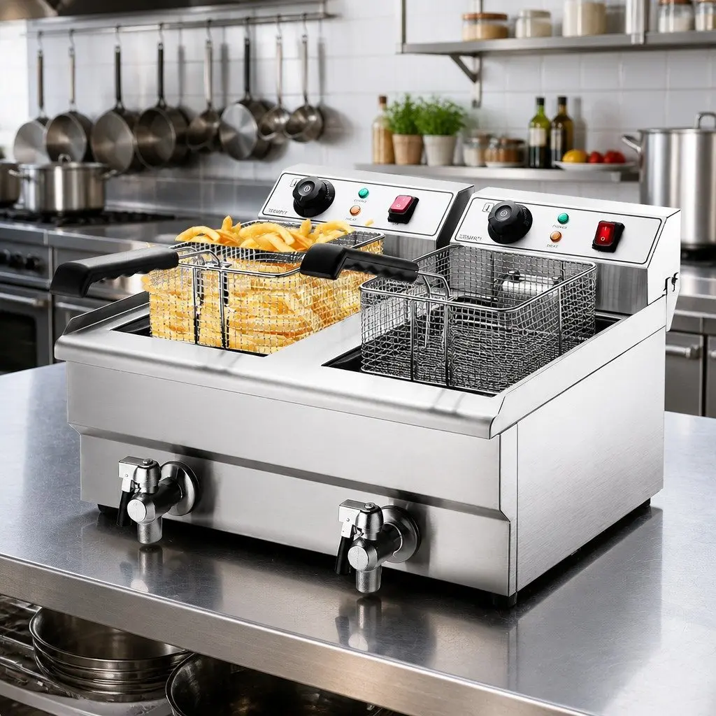 Commercial Deep Fryer Silver 20L Dual Tank Stainless Steel Professional Grade