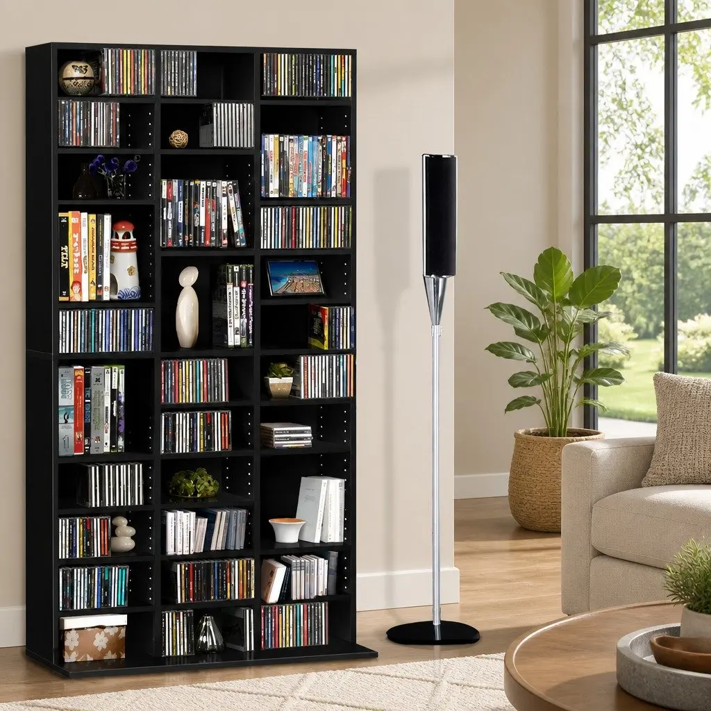CD DVD Bookshelf Storage Rack Adjustable Shelves Black Display Unit