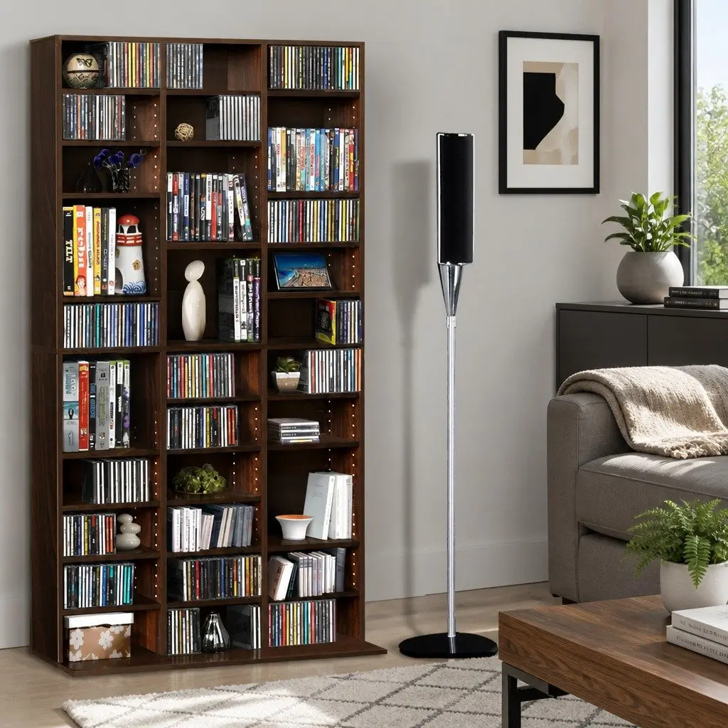 CD DVD Bookshelf Storage Rack Walnut Adjustable Shelves Media Organizer Display Unit