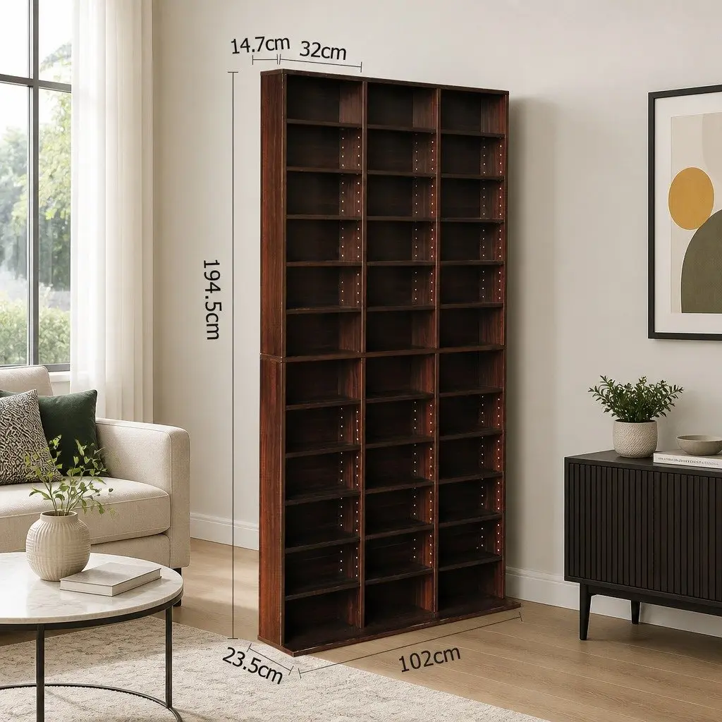 CD DVD Bookshelf Storage Rack Walnut Adjustable Shelves Media Organizer Display Unit