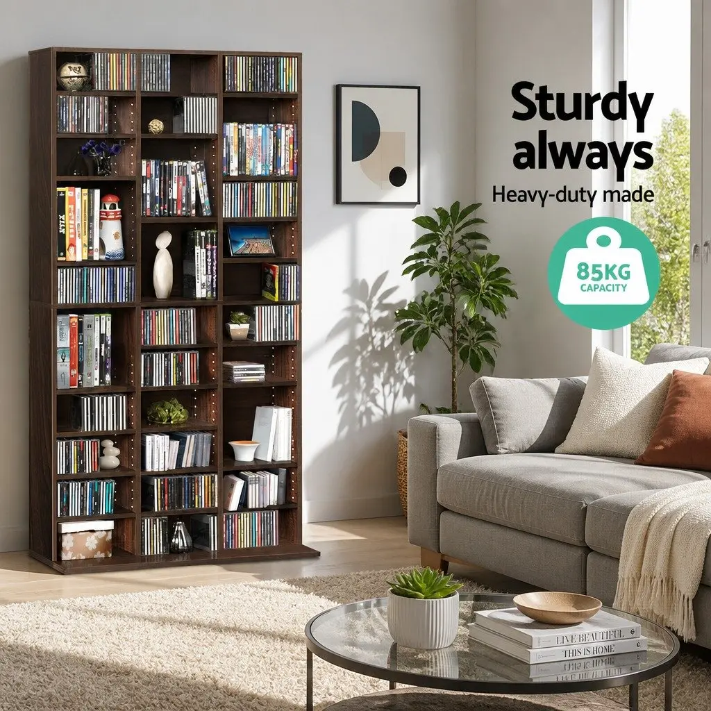 CD DVD Bookshelf Storage Rack Walnut Adjustable Shelves Media Organizer Display Unit