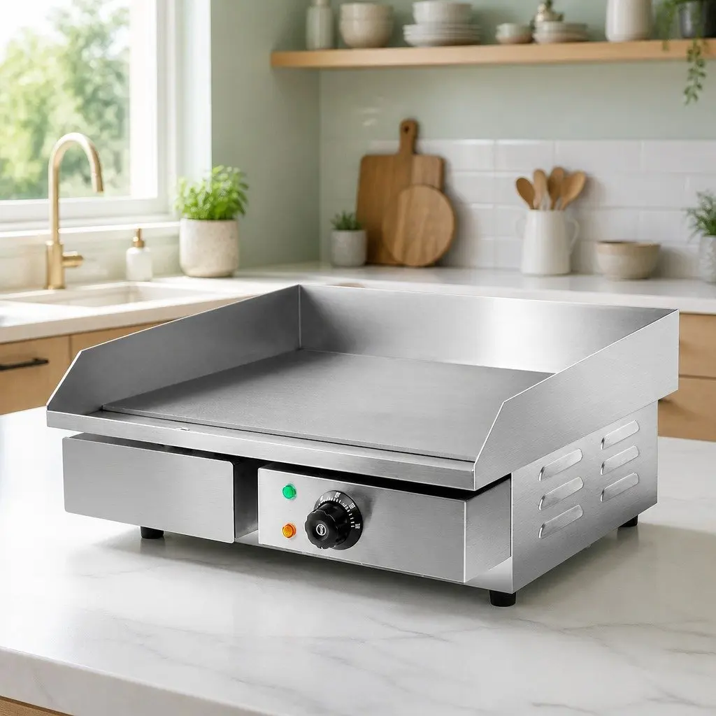 Electric Griddle Cooktop Silver 55cm Large Flat Cooking Surface with Thermostat Control and Removable Grease Tray