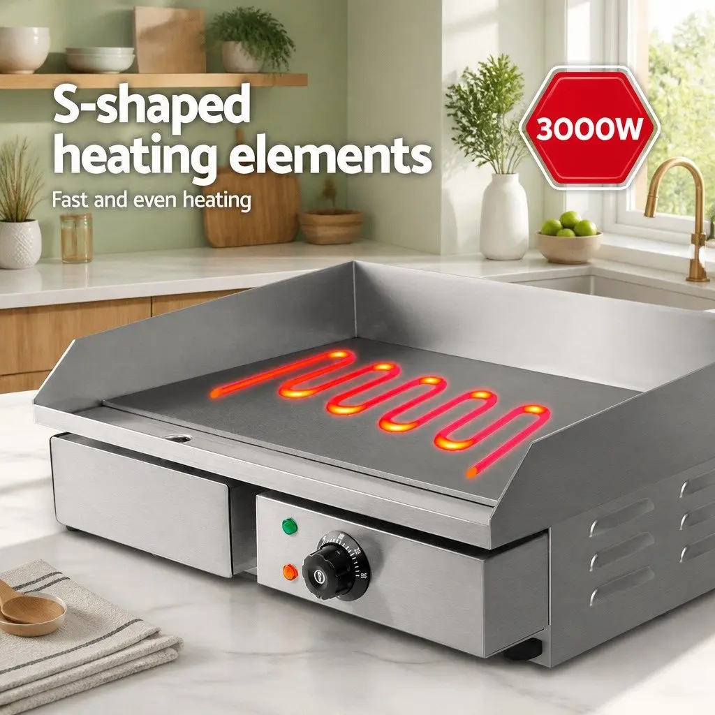 Electric Griddle Cooktop Silver 55cm Large Flat Cooking Surface with Thermostat Control and Removable Grease Tray