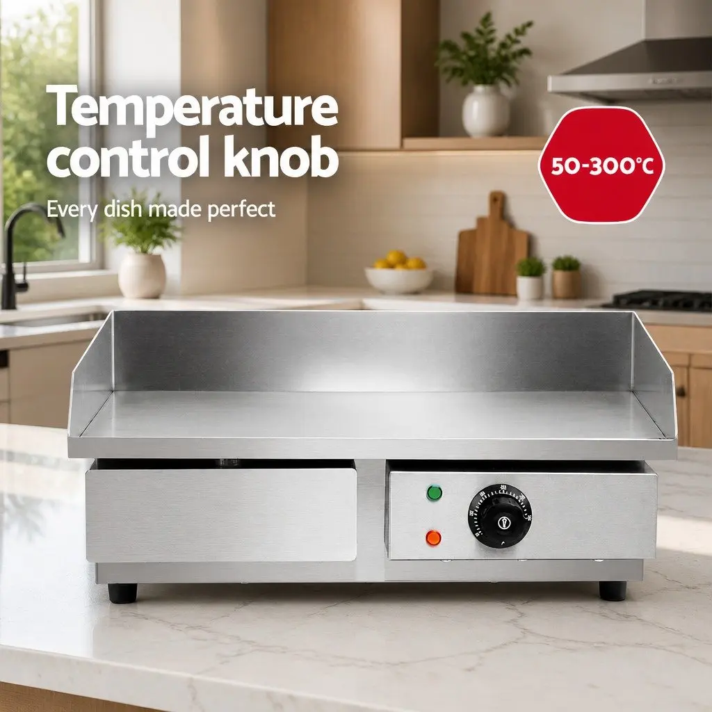 Electric Griddle Cooktop Silver 55cm Large Flat Cooking Surface with Thermostat Control and Removable Grease Tray
