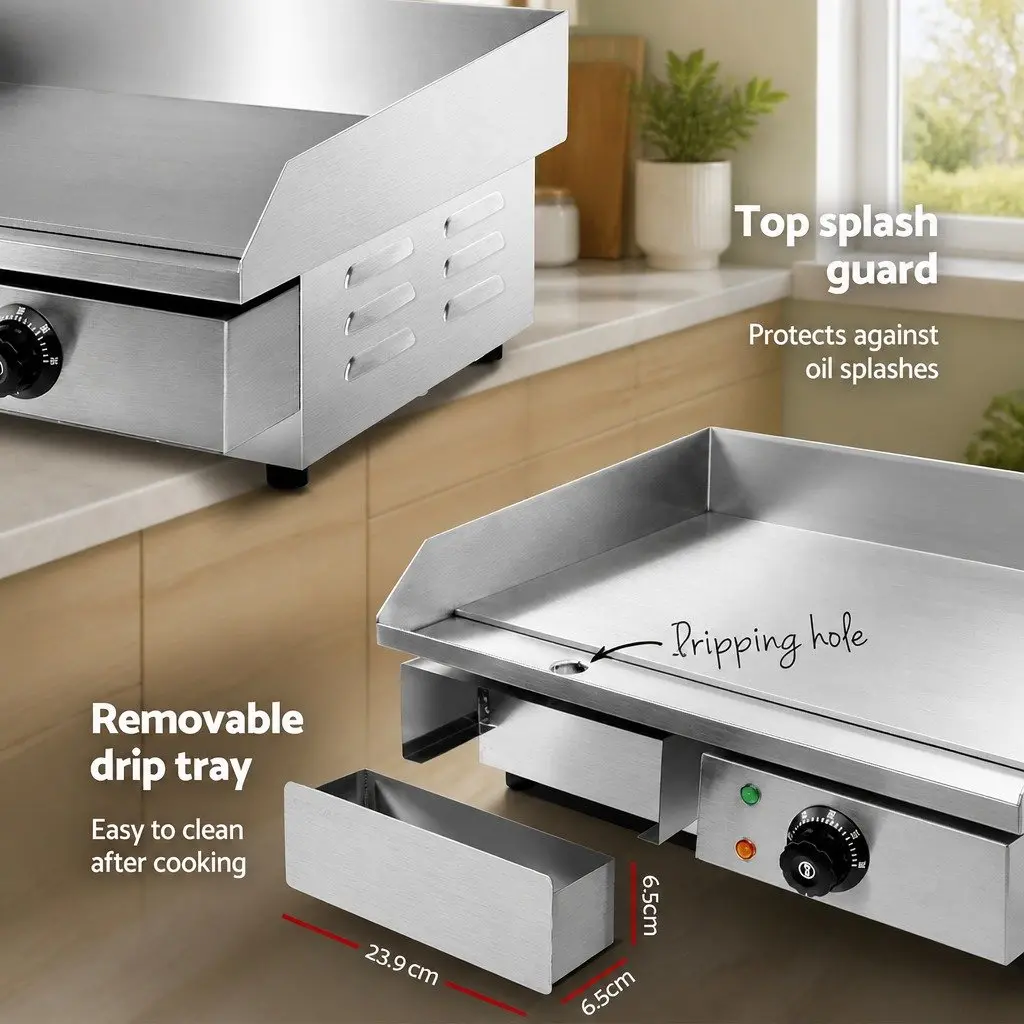 Electric Griddle Cooktop Silver 55cm Large Flat Cooking Surface with Thermostat Control and Removable Grease Tray