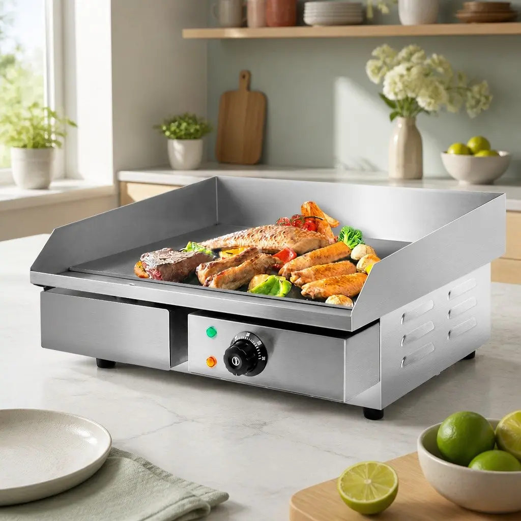 Electric Griddle Cooktop Silver 55cm Large Flat Cooking Surface with Thermostat Control and Removable Grease Tray